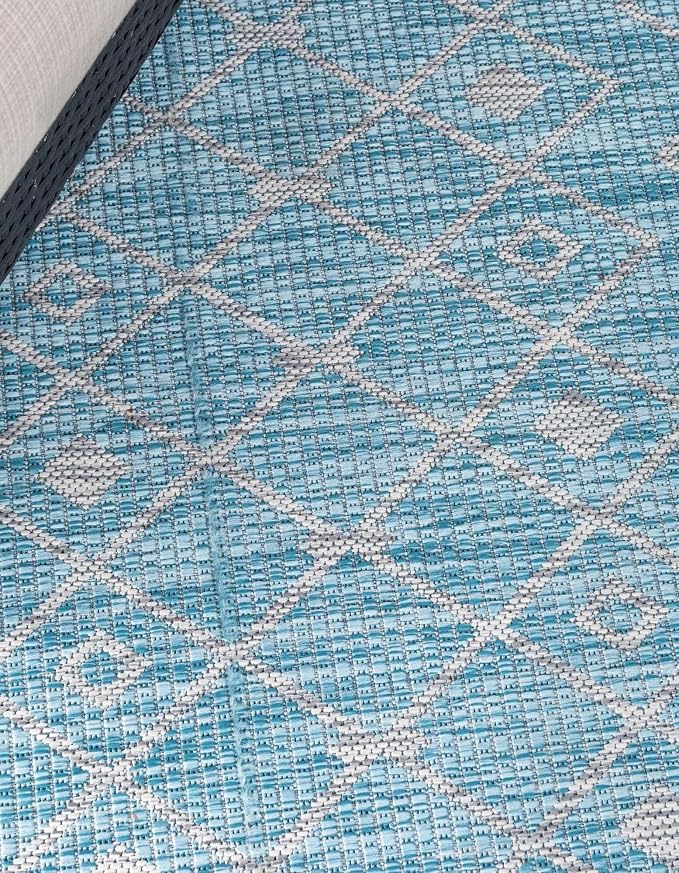 Unique Loom Outdoor Trellis Collection Area Rug - Tribal Trellis (10' 8" Square, Aqua/ Ivory)