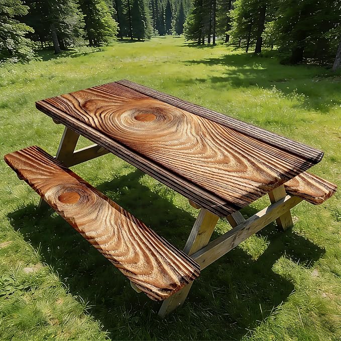 NYZE 3 Pieces Picnic Table Cover with Bench Covers Set, Camping Tablecloth, Tablecloth Cover with Drawstring Bag, Camping Essentials for Outdoor Picnics, Patio, BBQ (Wood Grain)