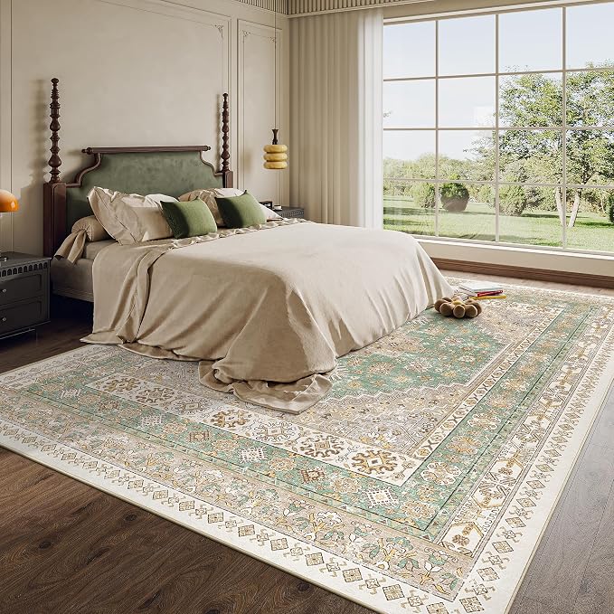 9x12 Area Rugs for Living Room,Large Washable Rug,Green | Rugs for Bedroom,Dining Room,Office,Low Pile,Soft, Vintage Rug,Stain Resistant Indoor Carpet,Non Slip,Home Decor