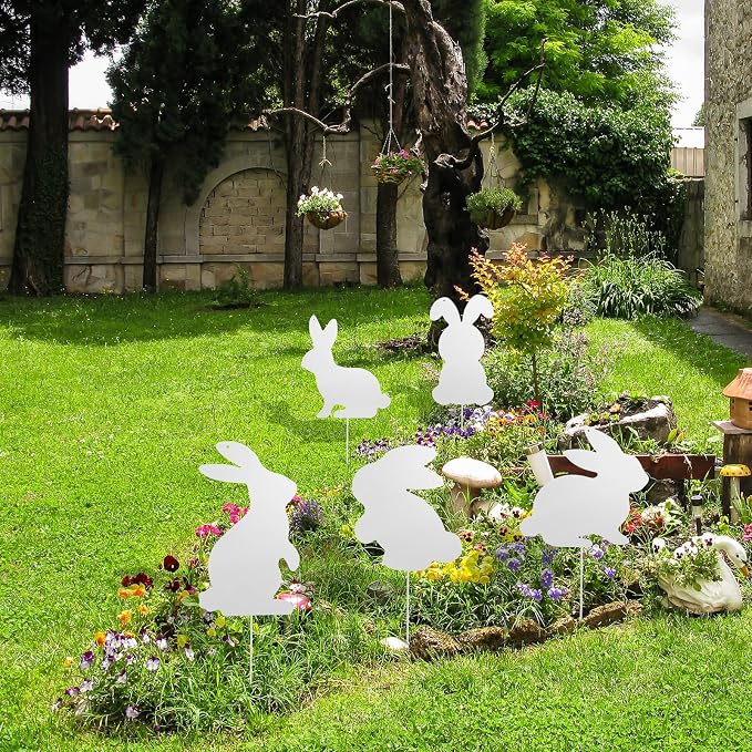 5 Pcs Metal Spring Yard Decorations Outdoor Bunny Yard Signs with Stakes Cute Spring Rabbit Decorative Lawn Signs for Indoor Outdoor Garden Pathway Walkway Holiday Party Decor