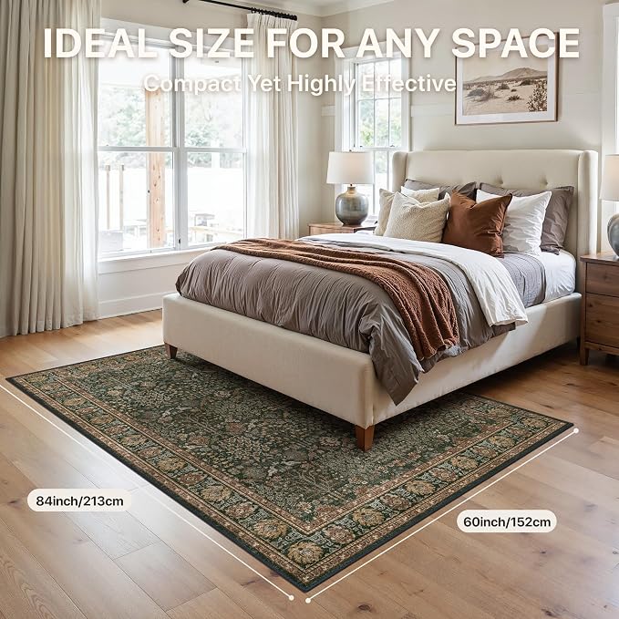 5x7 Washable Area Rug for Living Room, Non Slip, Dark Green Brown | Vintage Floral, Spill Resistant, Lightweight Ultra-Thin Carpet for Bedroom, Dining Room and Office