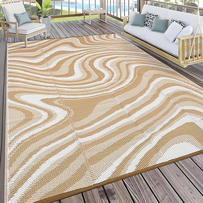 Garvee 10x14 Modern Large Outdoor Rug, Waterproof Rug for Camping, Reversible Plastic Straw Rugs UV Resistant Abstract Carpet for Picnic Backyard Deck Balcony Porch Beach Trailer, Light Brown
