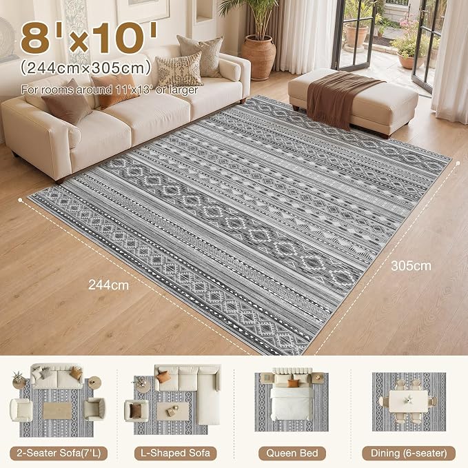 cotiled Boho 8x10 Area Rugs for Living Room: Large Moroccan Washable Rug | Low Pile Stain Resistan Carpet for Bedroom Farmhouse Dining Room Beige Grey
