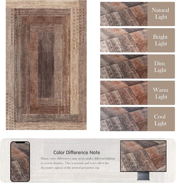 Neutral Geometric Beige 6x9 ft Large Rug for Living Room Bedroom | Contemporary Modern Area Rugs Vintage Non-Slip Soft Faux Wool Low Pile Indoor Carpet for Dining Room Office Home Decor
