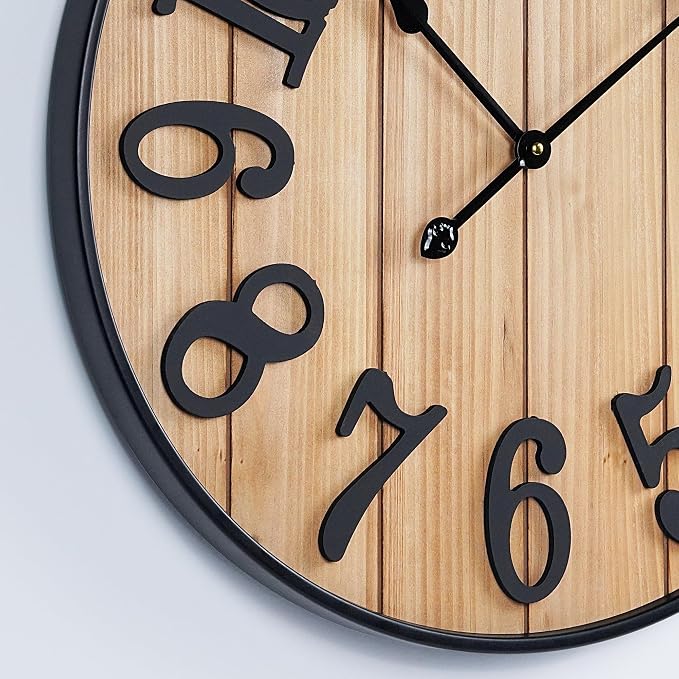 Large Wall Clock 24IN, Silent Metal Wood Style Wall Clocks Battery Operated for Living Room Decor, Farmhouse Big wall Clock, Outdoor