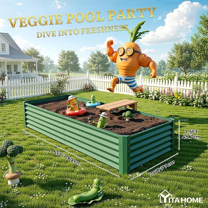 YITAHOME 6x3x1.5ft 2pcs Large Raised Garden Bed Kit, Galvanized Metal Planter Box with Gloves, Support Rod, Outdoor Above Ground Planters for Plants Vegetables Flowers, Green