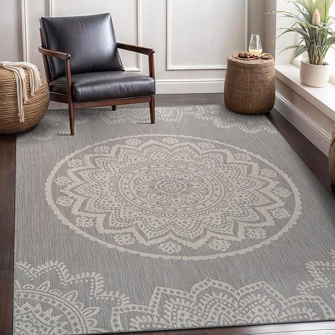 CAMILSON Outdoor Rug 8x10 Modern Area Rugs for Indoor and Outdoor Patios and Porches - Waterproof, Washable, Non-Shedding, Easy-to-Clean Outside Carpet (8 x 10, Medallion - Grey/White)