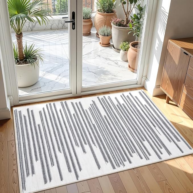 GarveeHome 2x3 Washable Rug for Hallway Bedroom Non Slip Low Pile Carpet | Modern Striped Small Entryway Rugs Geometric Stain Resistant Soft Kitchen Rug, Black Grey