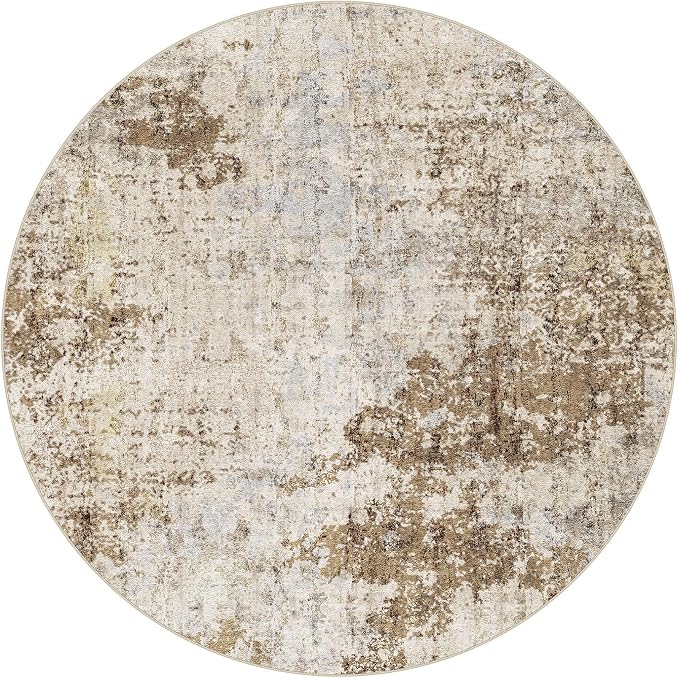 DMOYEST 8ft Round Area Rug for Living Room Washable Non Slip Circle Rug | 8x8 Neutral Modern Abstract Low Pile Rugs Kid & Pet Friendly Soft Carpet for Bedroom Dining Room - Light Brown