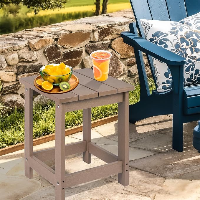 LZRS Patio Side Table, Heavy Duty HDPE Outdoor End Table with Wood Texture, Weatherproof Composite Table for Adirondack Chairs, Deck, Pool, Indoor/Outdoor, No Peeling or Cracking(Weathered Wood)