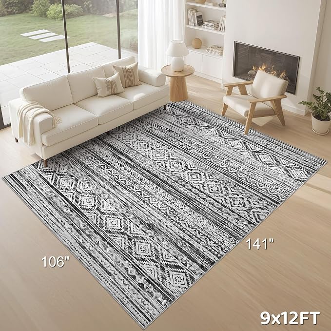 cotiled Boho 9x12 Area Rug for Living Room: Large Moroccan Washable Rug | Solve Modern Neutral Trendy Home Decor - Stain Resistan Carpet for Bedroom Farmhouse Dining Room White Black