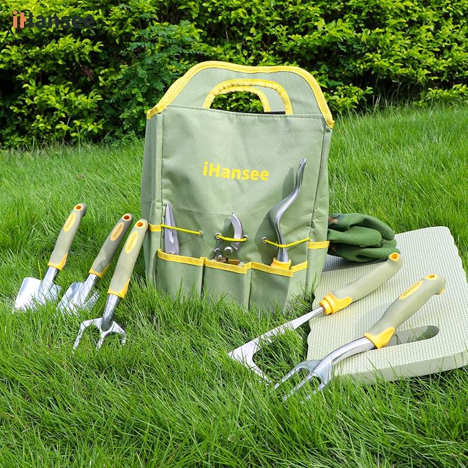 Set of 12 Garden Tool, iHansee Heavy-Duty Aluminum Gardening Hand Tools with Rubber Non-Slip Handle, Garden Apron, Gloves, Kneeling Pad and Storage Bag, Garden Hand Tools Starter Kit Landscaping Tools