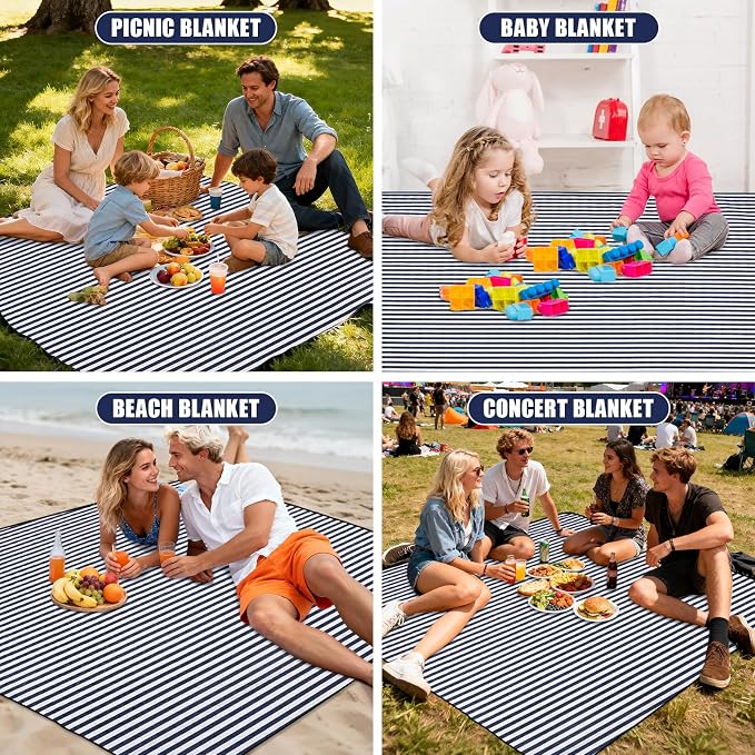 G GOOD GAIN Waterproof Picnic Blanket, 79"x79" Extra Large Beach Mat for 6 to 8 Adults, Machine Washable Outdoor Blanket for Camping, Grass, Park, Camping, Concerts, MiddleNavy