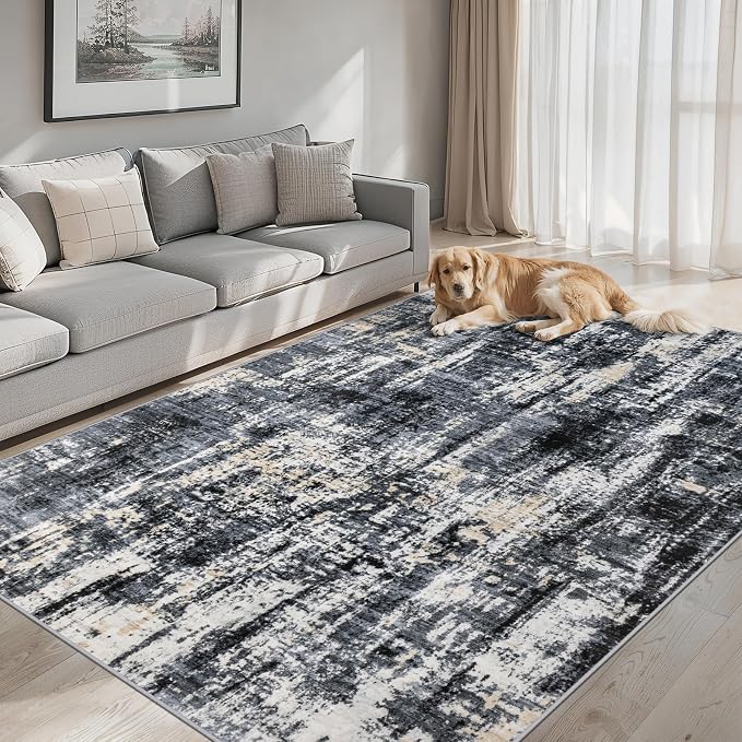 PLHXFR 8x10 Area Rug Living Room: Abstract Washable Carpet Black Gold | For Bedroom Dining Room Farmhouse Nursery Home,Machine washable,Non Slip,Large Soft Neutral,Stain Resistant, Indoor Floor