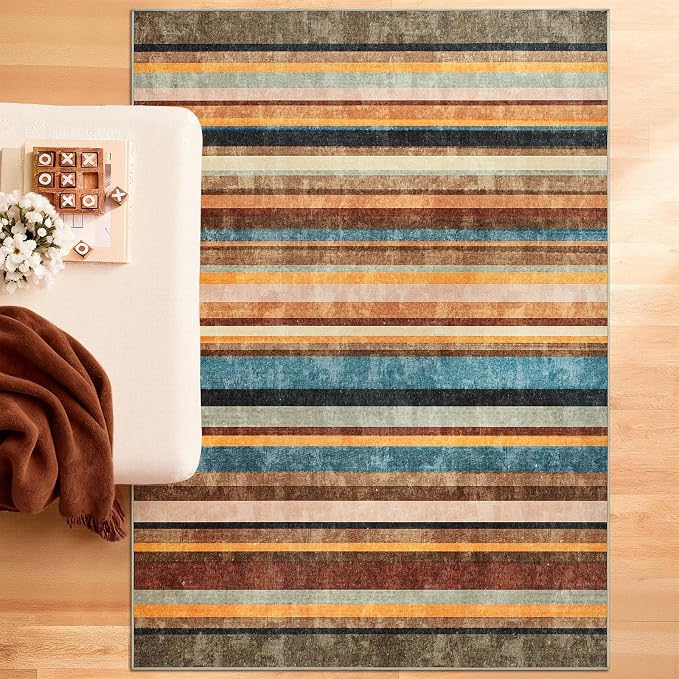 jinchan 5x7 Area Rug Modern Striped Rug Washable Living Room Rug, Pine Dawn | Non-Slip, Thin, Lightweight, Low Pile, Decor Carpet, Modern, Entrance, Entryway, Bedroom, Kitchen, Dining Room, Home Office