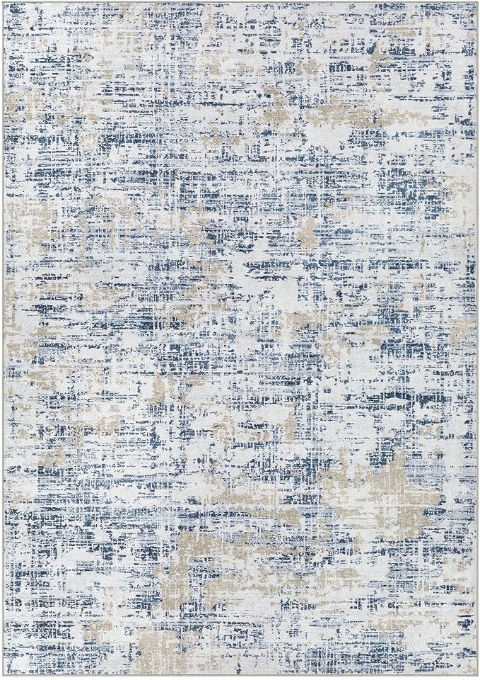 Nakagishi 8X10 Abstract Washable Area Rugs for Living Room-Blue Golden | Modern Non-Slip Silicone Backing Low Pile Soft Carpet for Bedroom Dining Decor Ideal for Families with Kids and Pets