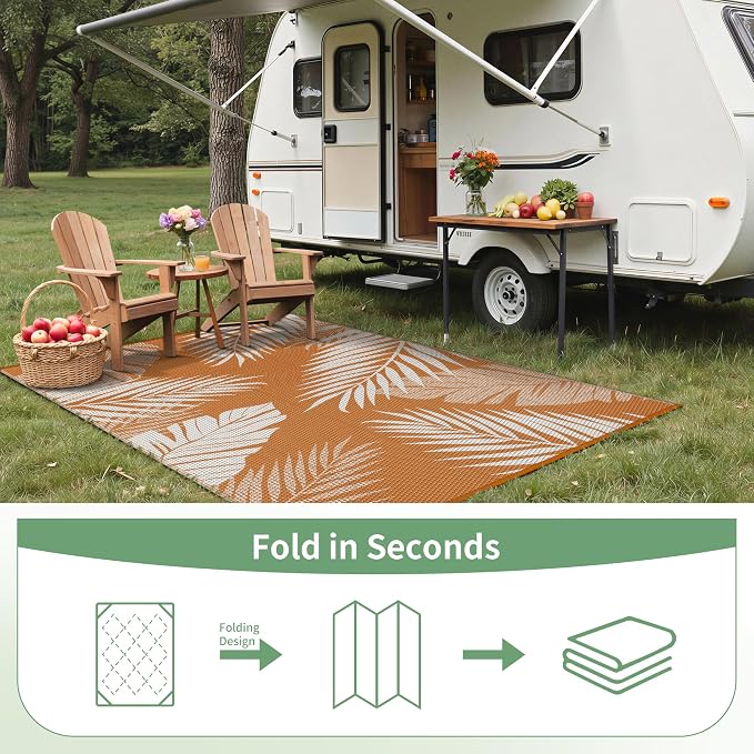 GENIMO Outdoor Rug 6' x 9' Waterproof for Patios Clearance, Reversible Outdoor Plastic Straw Camping Rug Carpet, Large Area Rugs Mats for RV, Camper, Deck, Balcony, Porch, Beach, Picnic, Orange&White