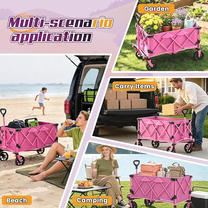 Wagons Carts Foldable,Collapsible Wagon with Wheels,450LBS Heavy Duty Beach Wagon Cart,Lightweight Portable Folding Utility Wagon Cart with Cup Holders for Camping, Garden, Sports, Grocery pcs (Pink)