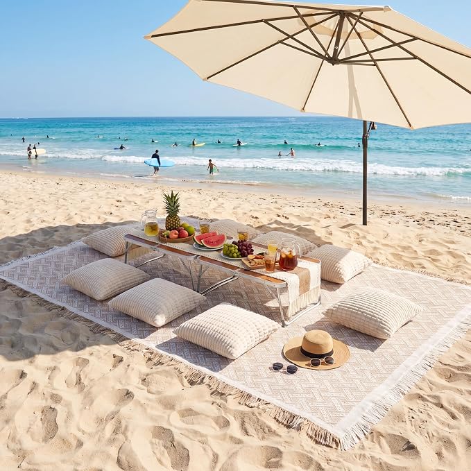 12 Pcs Extra Large Outdoor Boho Picnic Blanket 91'' x 71'' Folding Camping Table Beige White Table Runner 8 Throw Pillow with Pillow Cores Woven Cotton Yarn for Camping Garden Beach Wedding