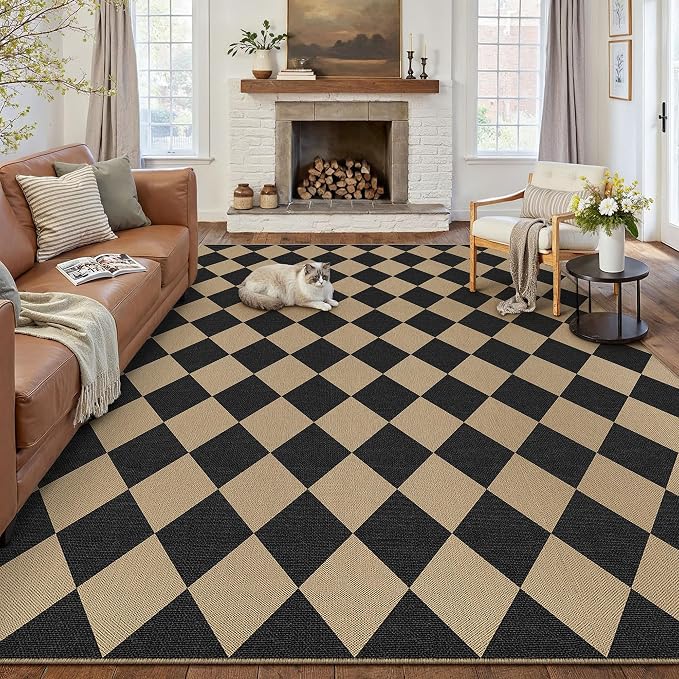 PureCozy 8x10 Checkered Easy Jute Area Rug for Living Room Large Checkerboard Washable Indoor Outdoor Carpet Farmhouse Patio Office Mat Geometric Non Slip Black Carpet for Backyard Dining Room