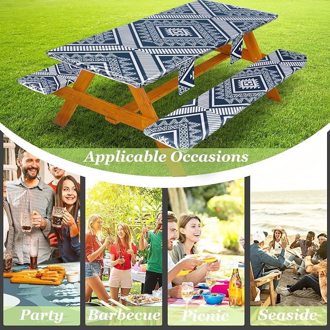 Fitted Picnic Table Cover with Bench Covers Waterproof Elastic Edges Rectangle Patio Tablecloth Outdoor Camping Essentials Stuff Rv Accessories Summer Trip Travel Camper Gifts for Woman Men, 96in 8 ft