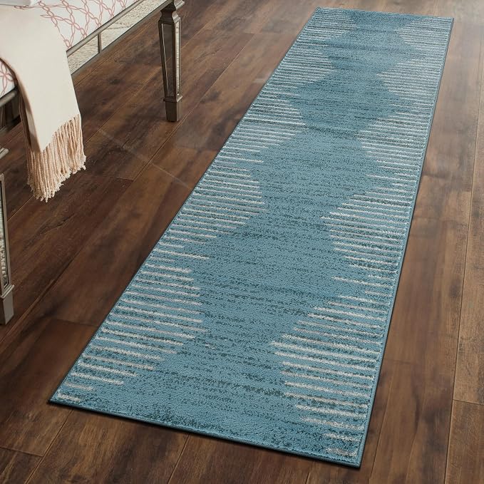 Rugshop Bohemian Stripe Stain Resistant High Traffic Area Rug Blue 2' x 7' | Rectangular, Size 2' x 7', Living Room, Bedroom, Dining Room, Home Office, Kitchen, Entryway, Hallway, Nursery, Kids Room