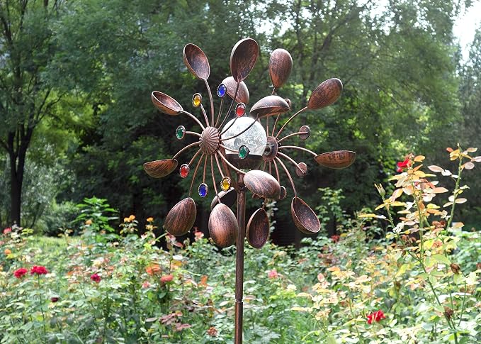 75-Inch Wind Spinners Jewel Cup - Solar-Powered with Multi-Color LED Glass Ball - Metal Kinetic Windmill for Dual Wind Direction - Easy to Assemble Garden and Outdoor Yard Decorations