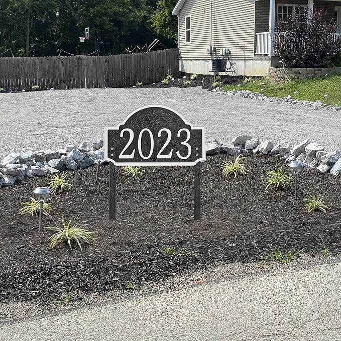 Personalized Address Sign LAWN MOUNTED - Custom House Number Sign Plaque,Address Plaque,House Numbers for Lawn Outside,Yard,Ground,Garden,Drive Way Free Standing with Stakes Metal (Silver)