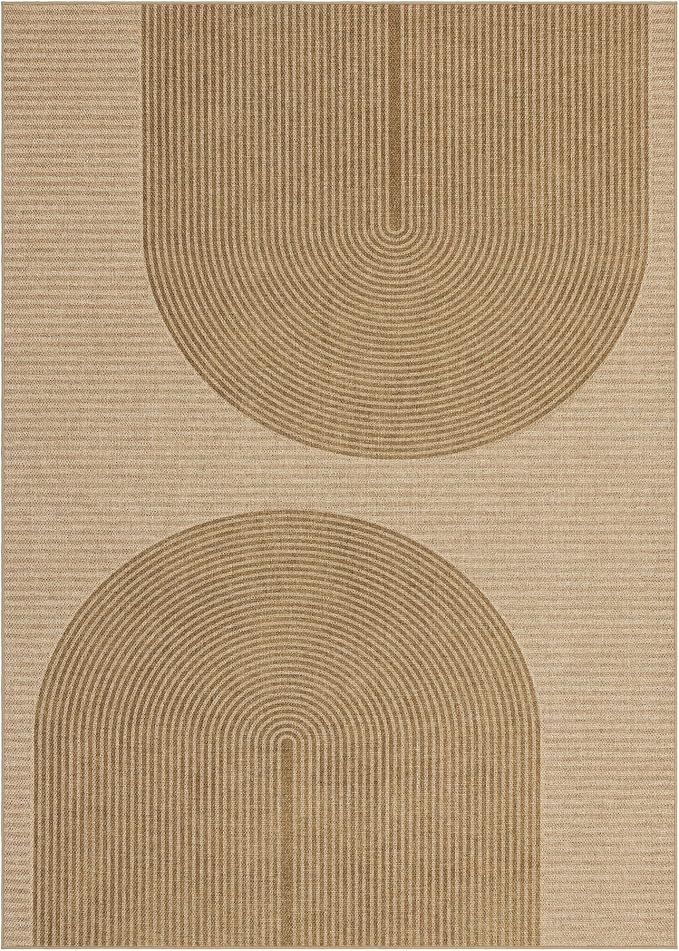 Easy Jute Rug 4x6 Outdoor: Natural Area Rugs for Patio Linen-Look Fabric Durable - Neutral Washable Carpet Mat for Entryway Bedroom Kitchen Non-Slip - Grey Curve Pattern
