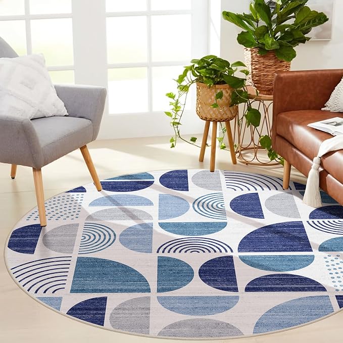 Round Rugs 6ft,Circle Area Rug Washable Non Slip Modern Abstract | Large Circular Rugs for Living Room Dining Room Boho Throw Carpet Soft Low Pile Floor Indoor Bohemian Navy Blue