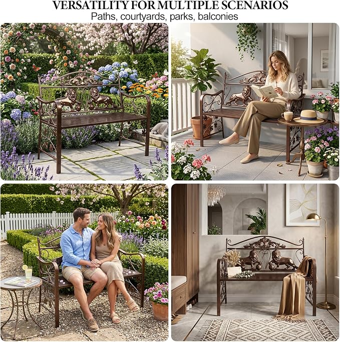 44.5" Outdoor Garden Bench, Heavy-Duty Metal Frame Patio Park Bench with Vintage Lion Design for Porch, Balcony, Backyard & Entryway
