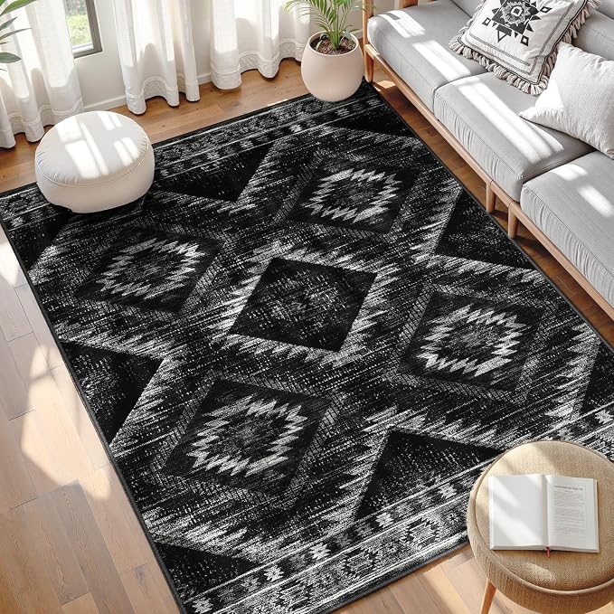3'x4' Washable Area Rug for Living Room Bedroom Black | Soft Western No Slip Low Pile Print Foldable Indoor for Kitchen Dining Room