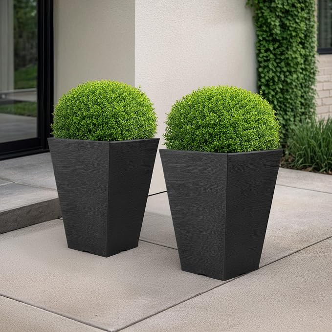 Large Outdoor Planters 2-Pack - 13.75-Inch Tall Planters for Outdoor Plants or Indoor Pots for Plants - Plastic Flower Pots for Patio, Entryway, or Front Porch Decor by Pure Garden (Gray)