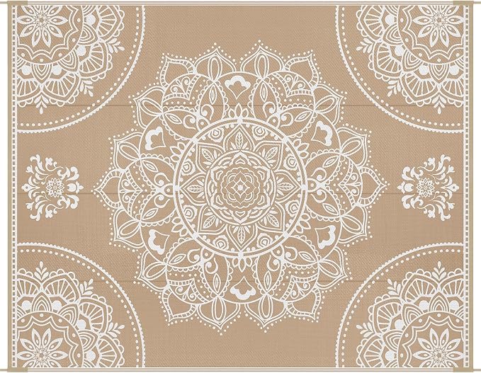 Pauwer Waterproof Outdoor Rug 8x10, Reversible Plastic Straw Patio Camping Rug, Indoor Outdoor RV Mat Carpet for Deck, Camper, Porch, Balcony, Backyard, Picnic, Floral Brown