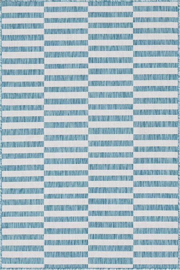 Unique Loom Outdoor Striped Collection Area Rug - Striped (4' 1" x 6' 1" Rectangle, Light Aqua/Ivory)