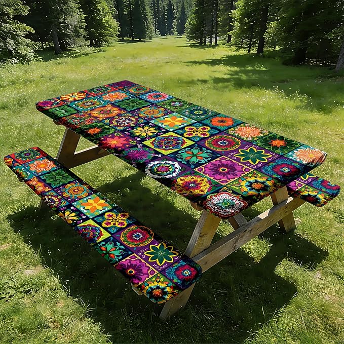 NYZE 3 Pieces Picnic Table Cover with Bench Covers Set, Camping Tablecloth, Tablecloth Cover with Drawstring Bag, Camping Essentials for Outdoor Picnics, Patio, BBQ (Colorful Mandala)