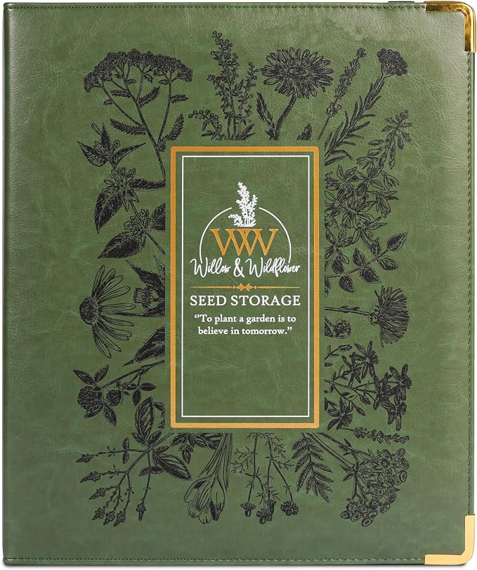 Create-ables Willow and Wildflower Garden Seed Organizer Binder, Seed Storage Organizer, Garden Binder Book for Packet Storage Catalog Can Store 120 Packets with Dibber and Widger (Moss Green)