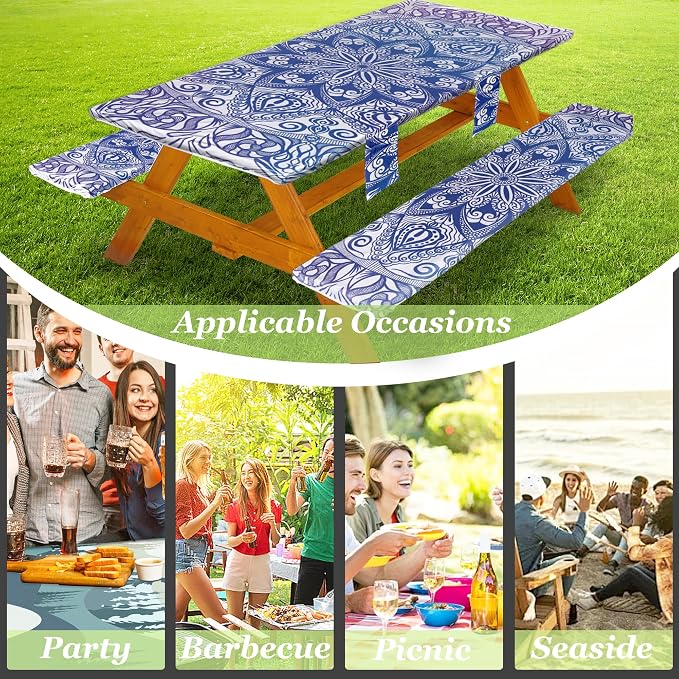 Wrakus Picnic Table Cover with Bench Covers Vinyl Elastic Edges Fitted Rectangle Seat Tables Waterproof 3-Piece96X30in Set Outdoor Rectangular Folding Backing Tablecloth for Camping Over Size