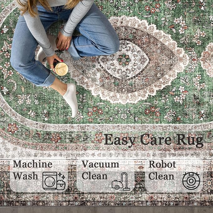 Small Rugs 2x3,Green Rug for Entryway Bathroom Entrance Doormat | Boho Vintage Bohemian Distressed Washable Oriental Accent Floor Throw Carpet Non Slip