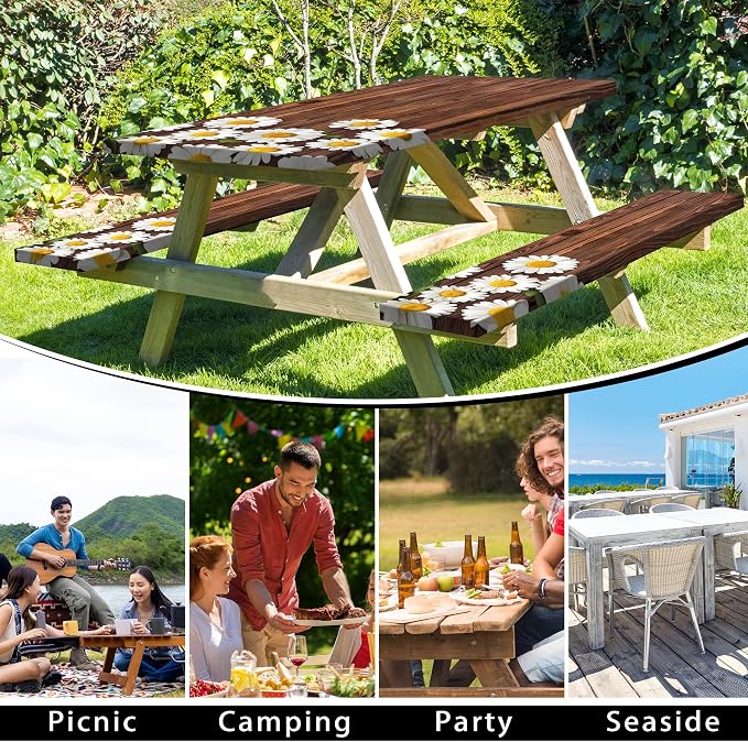 Picnic Table Cover with Bench Covers 6FT Chamomile Daisy Flowers Waterproof Fitted Picnic Table Cloths Wood Texture Outdoor Elastic Picnic Tablecloth Outdoor Camping Essentials(3pcs-72)