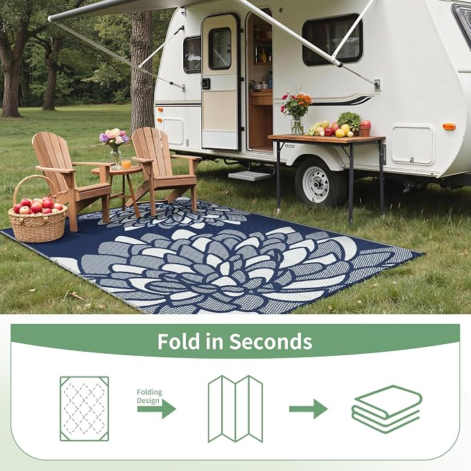 GENIMO Outdoor Rug 6' x 9' Waterproof for Patio Clearance, Reversible Plastic Straw Camping Mat, Lightweight Carpet for Rv, Camper, Deck, Porch, Picnic, Balcony, Beach,Mist Blue & White
