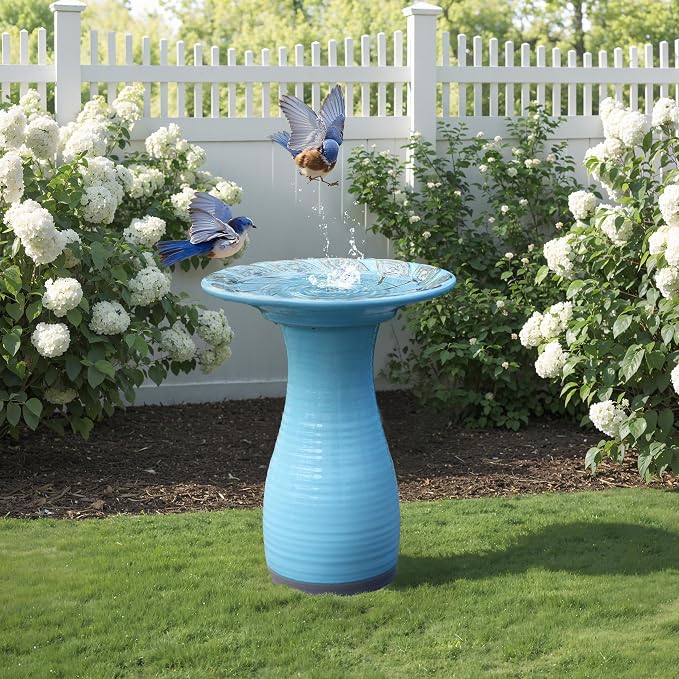 LuxenHome 20.6 Inch Ceramic Bird Bath for Outside, Elegant Tall Outdoor Bird Bath, Lightweight Pedestal Glazed Birdbaths for Outdoors with Leaf Pattern, Sky Blue