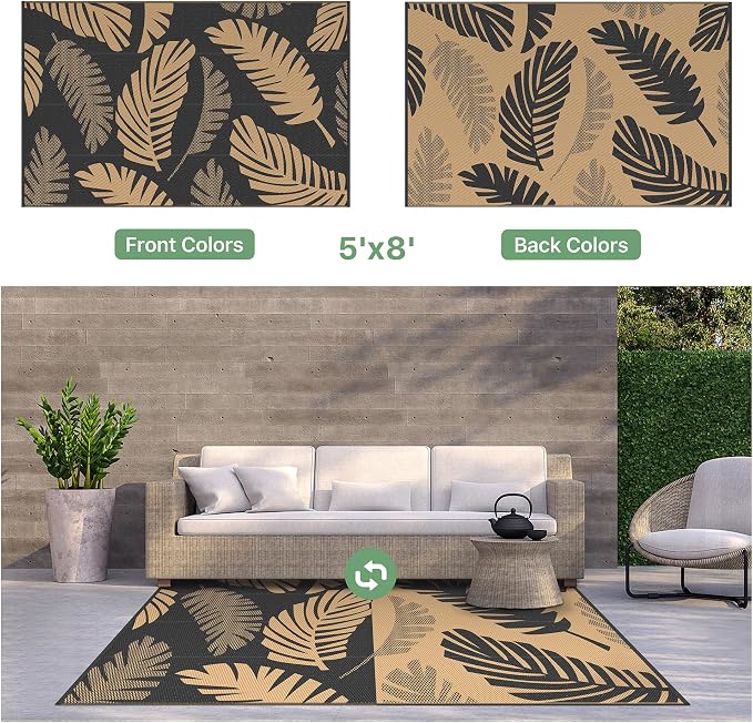 GENIMO Waterproof Outdoor Rug 5' x 8' for Patio Decor, Reversible Plastic Straw Area Rugs for Camping Clearance, RV Mat, Large Outside Carpet for Porch, Deck, Picni, Balcony, Garden, Black & Brown