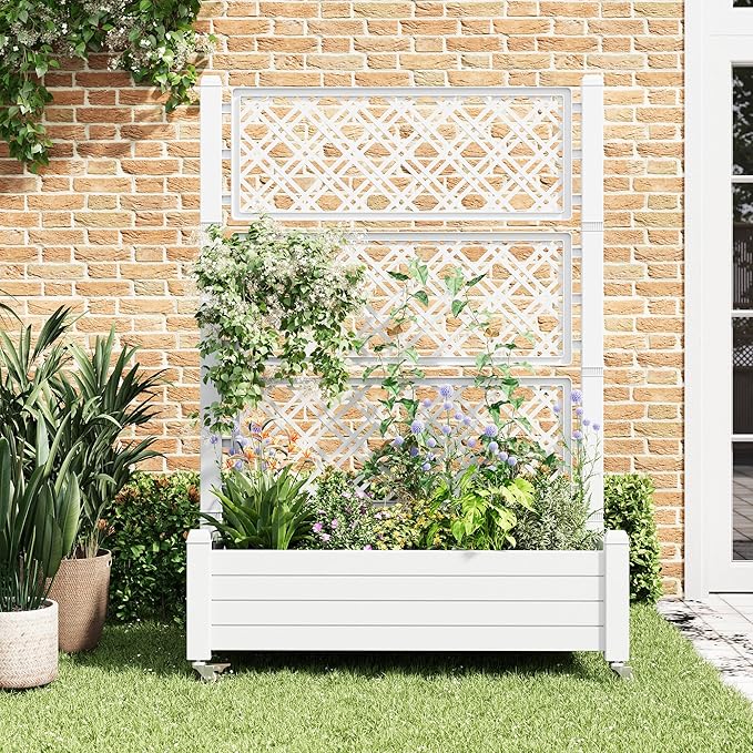 Resin Raised Garden Bed with Trellis and Wheels - Plasitc Planter Box with Trellis Outdoor with Drainage Holes & Water Monitor for Climbing Plants, Flower, Ashen(61.2" H)