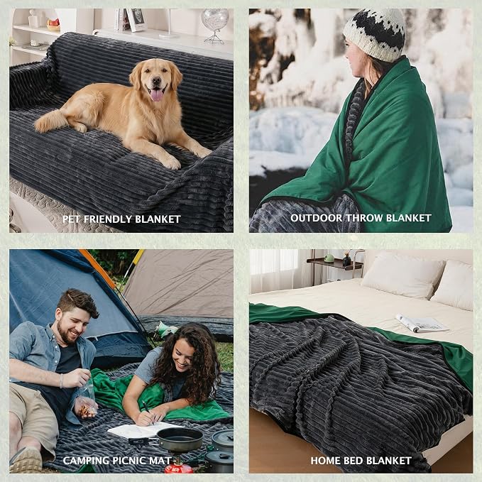 PuTian Waterproof Outdoor Blanket 79"X57" Packable, Stadium & Car Camping Blanket with Corduroy Fleece Lining, Windproof Throw for Picnic Hiking Road Trip, Machine Washable, Green 350GSM