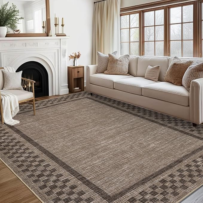GarveeHome Washable Area Rugs 8x10 Non Slip Soft Large Living Room Rug | Modern Checkered Bedroom Rug Soft Geometric Bordered Throw Carpet for Dining Room Home Decor Office Nursery, Brown