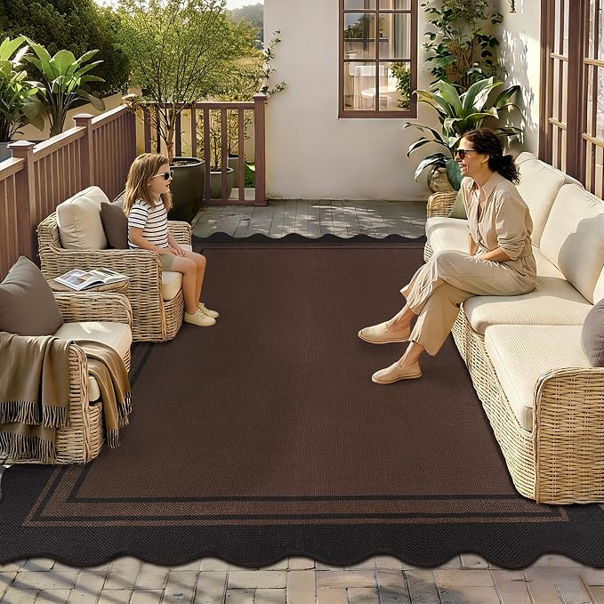 6x9 Scalloped Rug Easy Jute Washable Outdoor Patio Rug for Living Room Indoor Outdoor Black Brown Geometric Neutral Carpet for Backyard Patio Dining Room