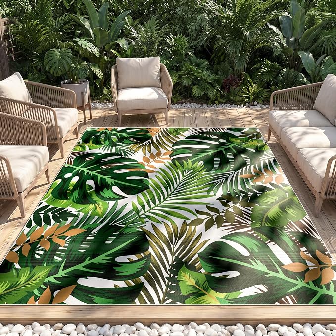 Arenarug 9x12 Monstera Tropical Outdoor Rug – Waterproof Non-Slip Machine Washable Patio Rug, UV & Stain Resistant Outdoor Carpet for Patio Deck Balcony Backyard, Green