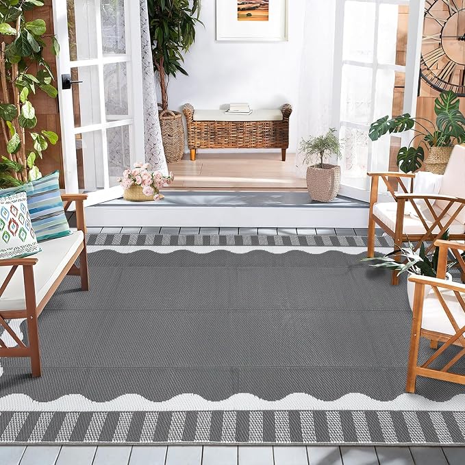 Garvee Large Scalloped Outdoor Rug 8x10 Patio Rugs Outdoor Waterproof, Reversible Plastic Straw Camping Rug, Modern Bordered Outside Mats for Picnic Backyard Deck Balcony Beach Trailer, Grey