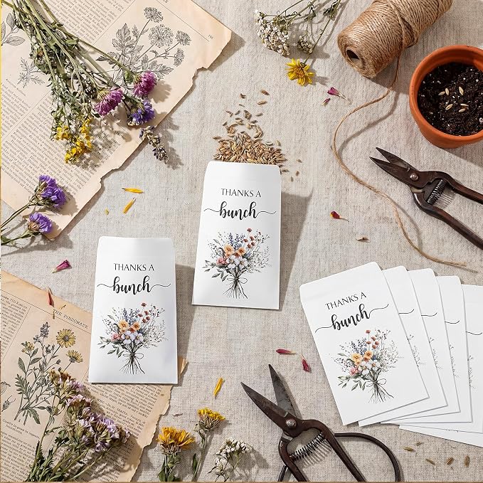 Fumete 100 Pcs Thank You Seed Packets Wedding Favor Wildflower Seed Envelopes Thanks a Bunch Party Favors Self Adhesive Seeds Storage Packets Envelopes for Appreciation Gifts Wedding, No Seeds